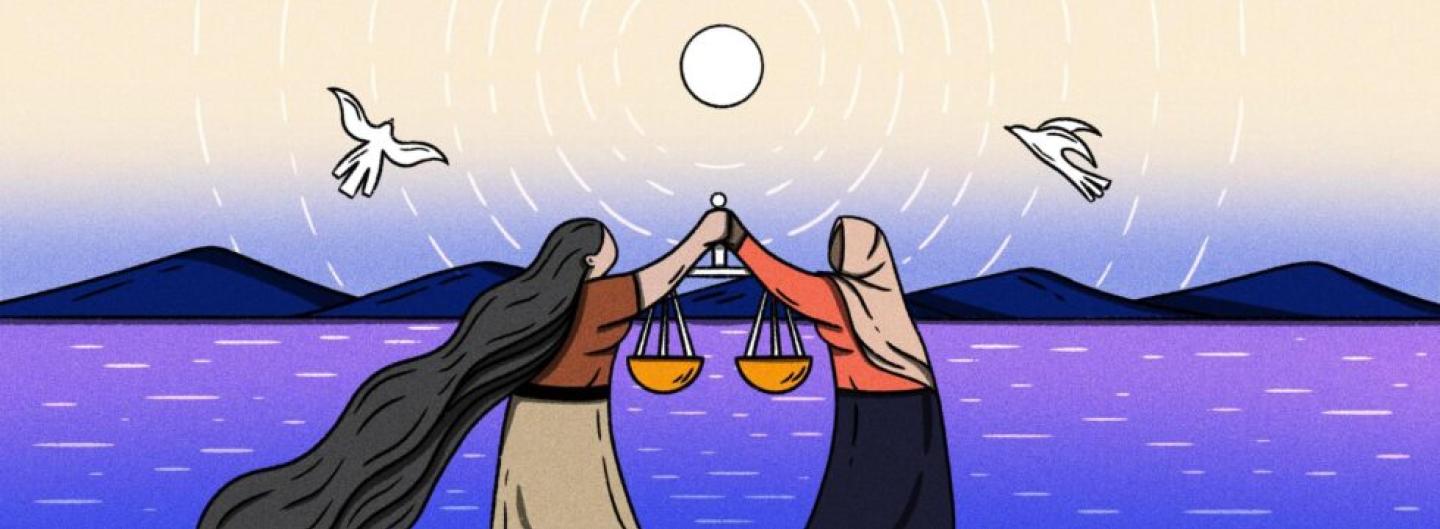 Illustration of two women holding scales of justice.